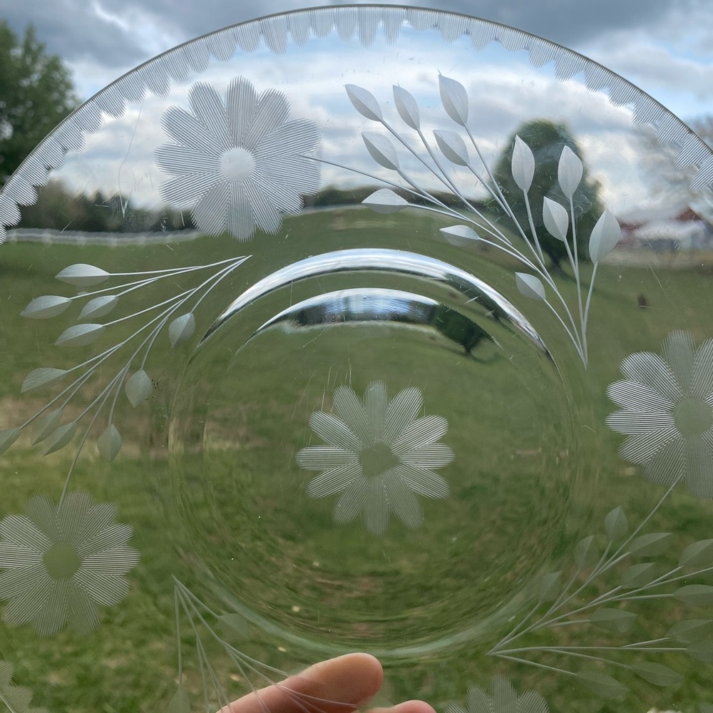 Heisey Glass Vintage Antique Etched Daisy & Leaves Dinner Plate 9.5”